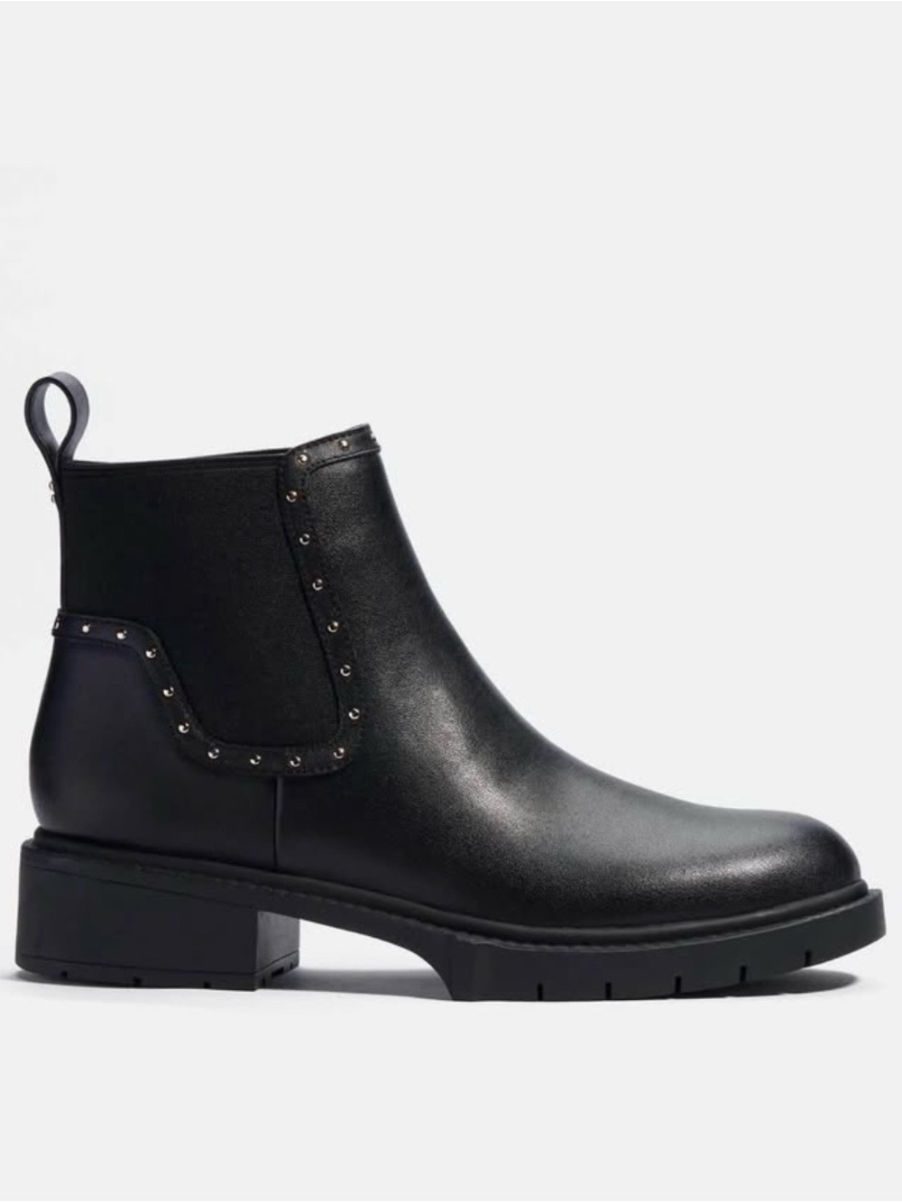 Coach Black Leather Chelsea Ankle Boot with Stud Accents